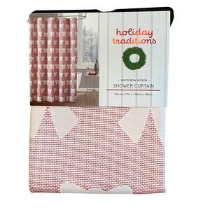 Holiday Traditions WHITE BOW Woven Shower Curtain  72x72 Red & White New